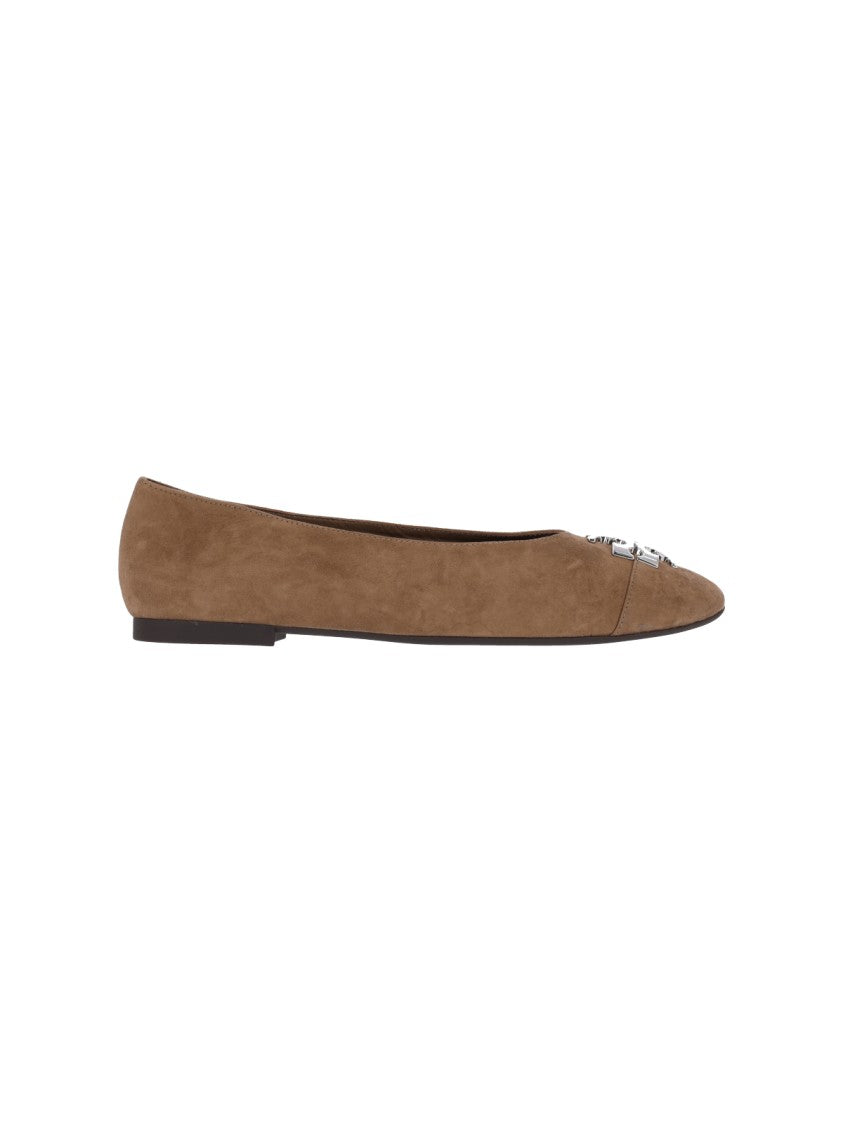 Tory Burch Pointed-Toe Metallic Logo Suede Flats