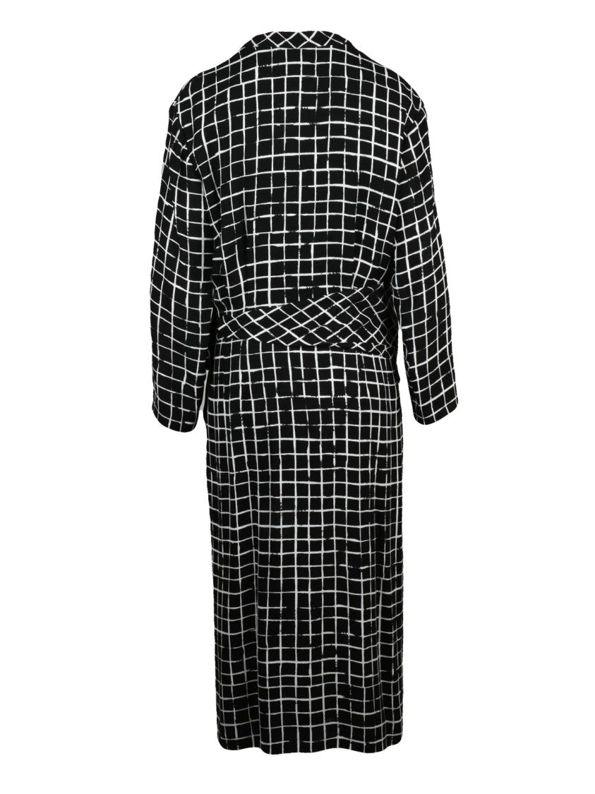 Dries Van Noten Black/White Belted Viscose Grid Print Midi Dress