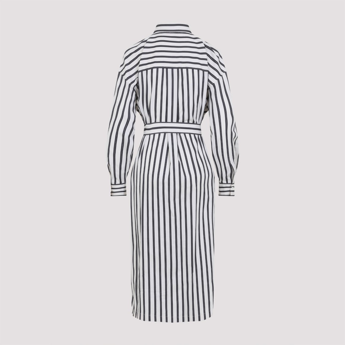 Brunello Cucinelli Striped Cotton Dress With Belted Waist And High Collar