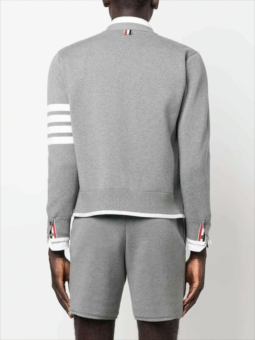 Thom Browne Cropped Grey Cardigan With V-Neckline And Signature Stripes