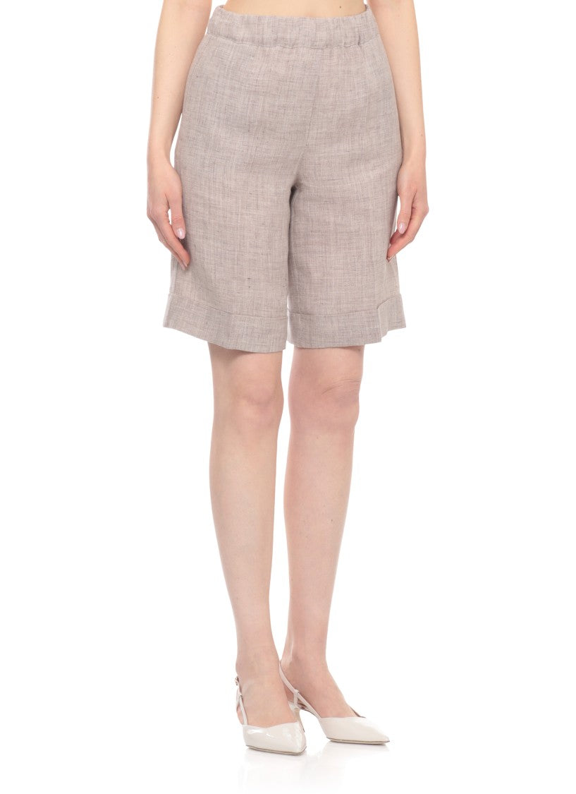D. Exterior Brown Elastic Waist Linen Shorts