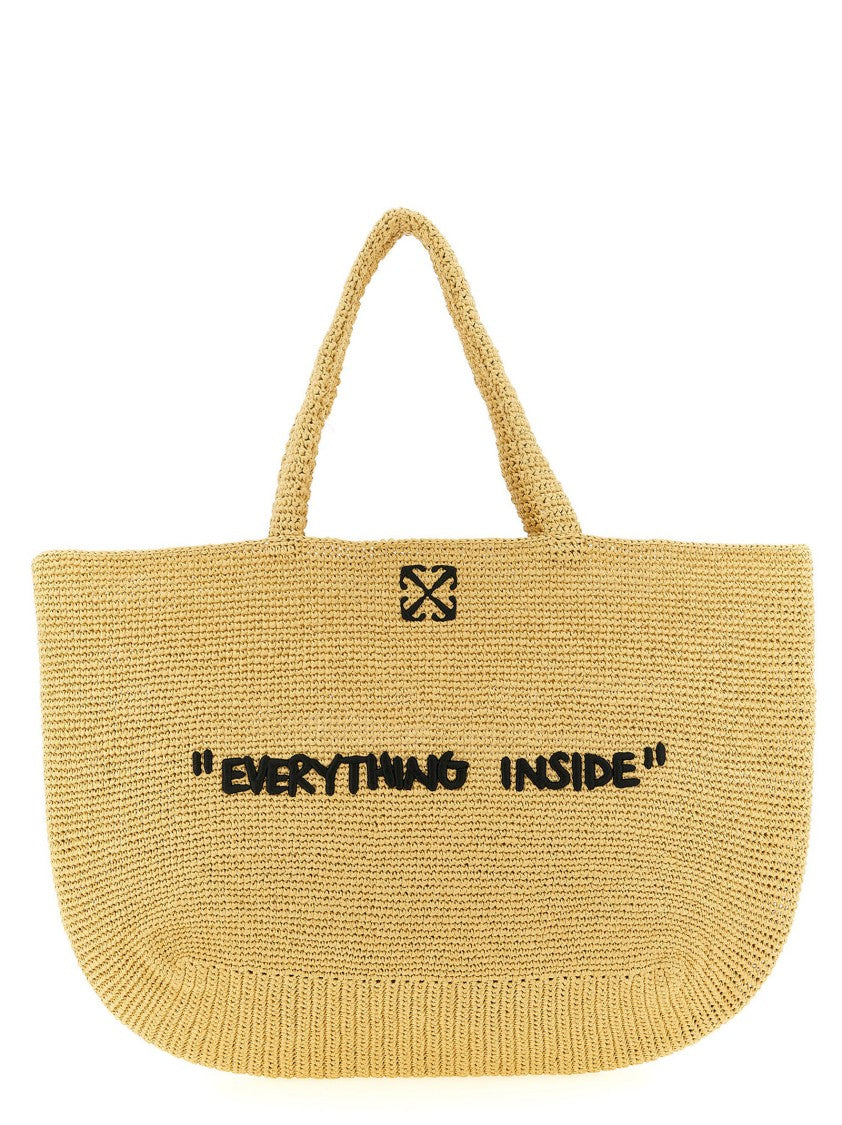 Off-White Woven Raffia Shopping Bag With Embroidered Detail