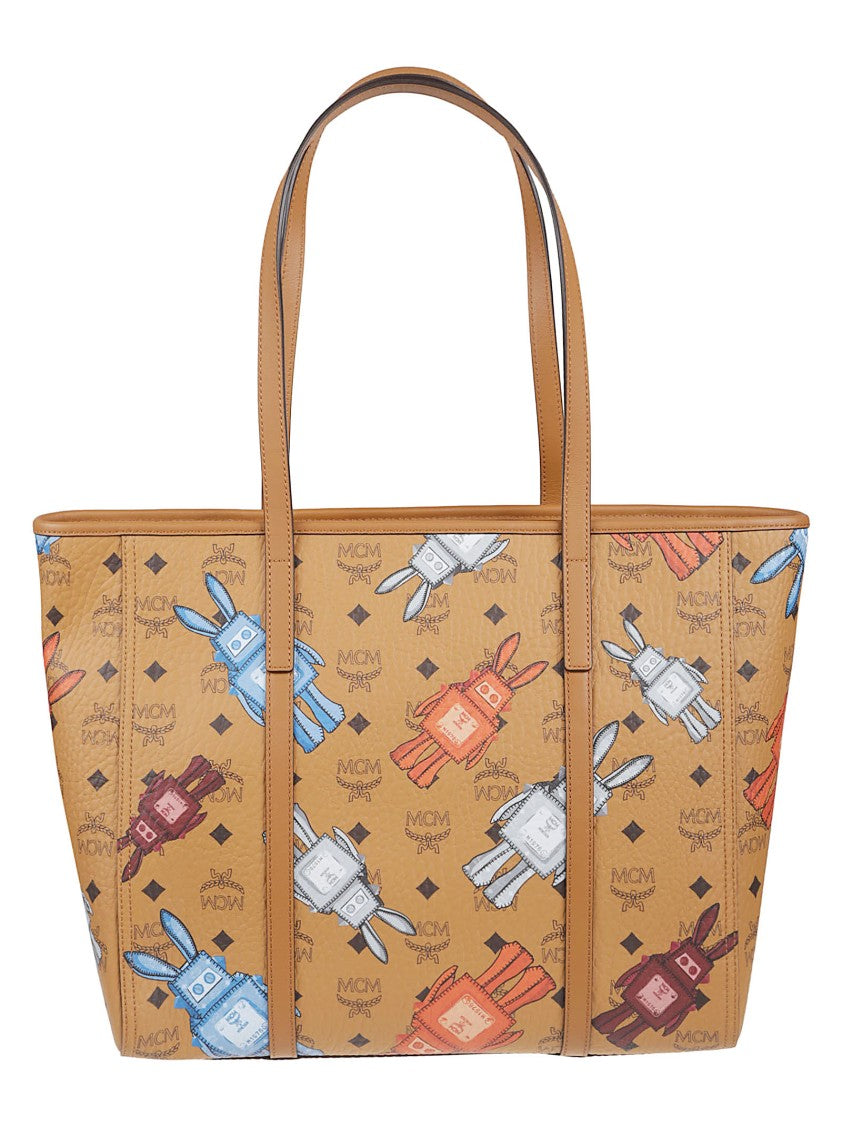 Mcm Structured Tote Bag With Colorful Robot Pattern And Leather Trims