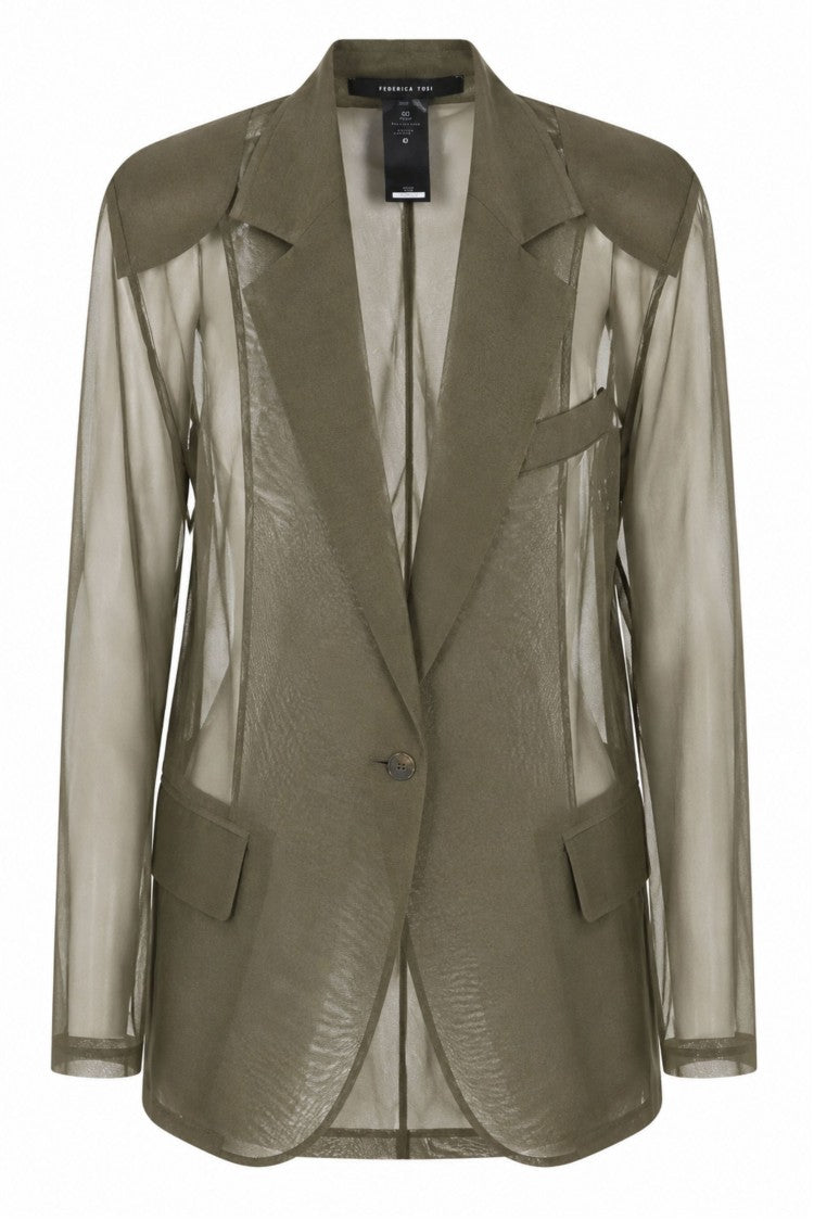 Federica Tosi Military Green Organza Single-Breasted Silk Blazer
