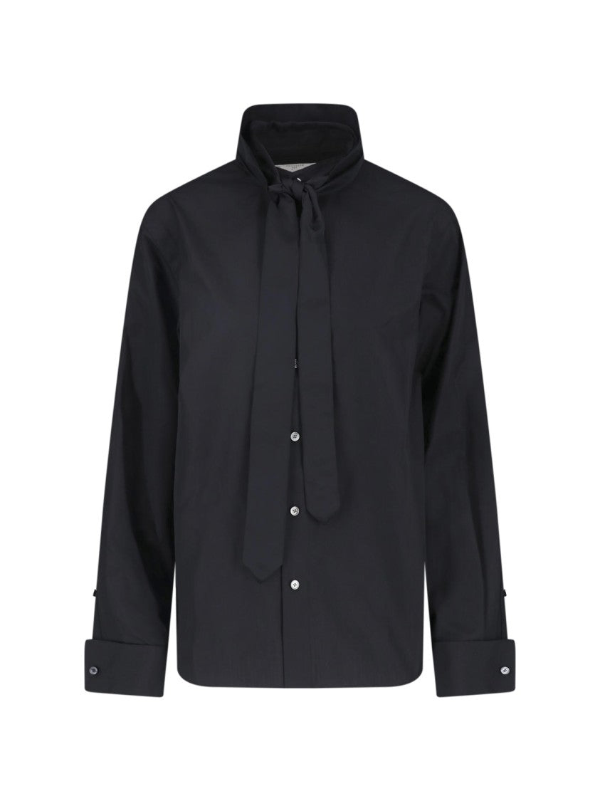 Sacai Black Satin Poplin Shirt With Adjustable Tie And Buttoned Cuffs