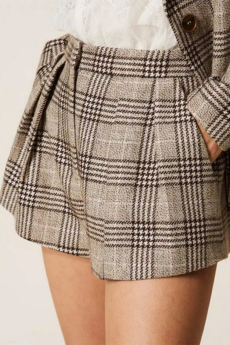 Twin-Set Grey Wool-Polyester Blend Plaid Check Shorts