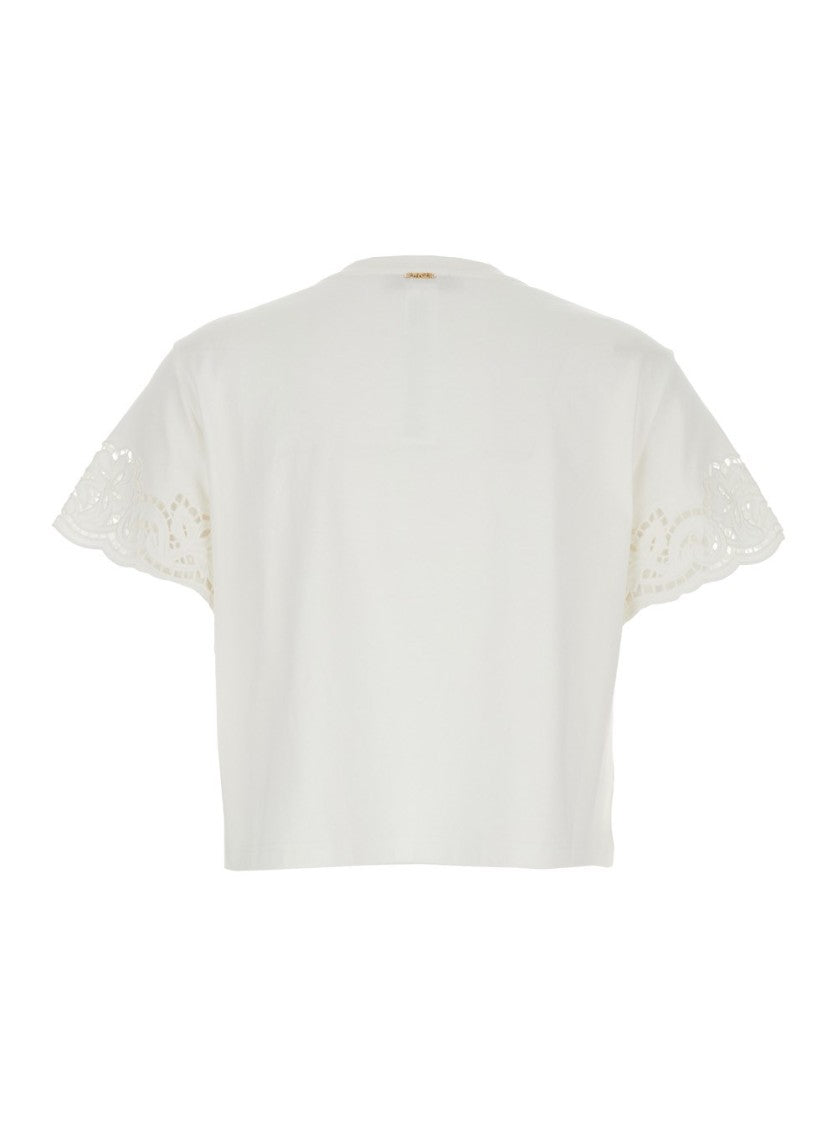 Twin-Set Cropped White Top With Intricate Lace Cut-Out Detailing