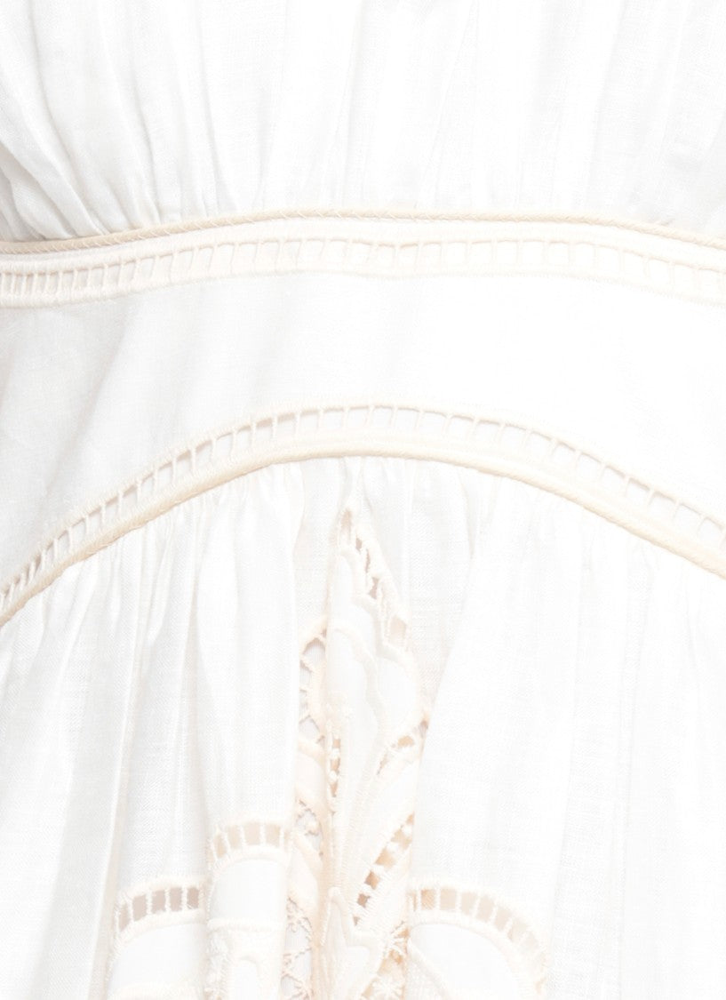 Zimmermann Ivory Linen Midi Dress With Lace Hem Details