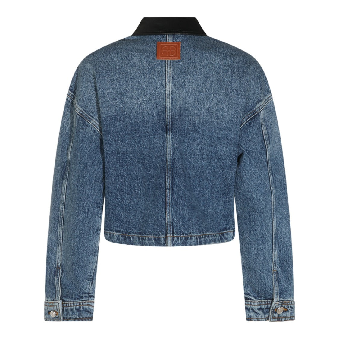 Anine Bing Cropped Denim Jacket With Leather Collar