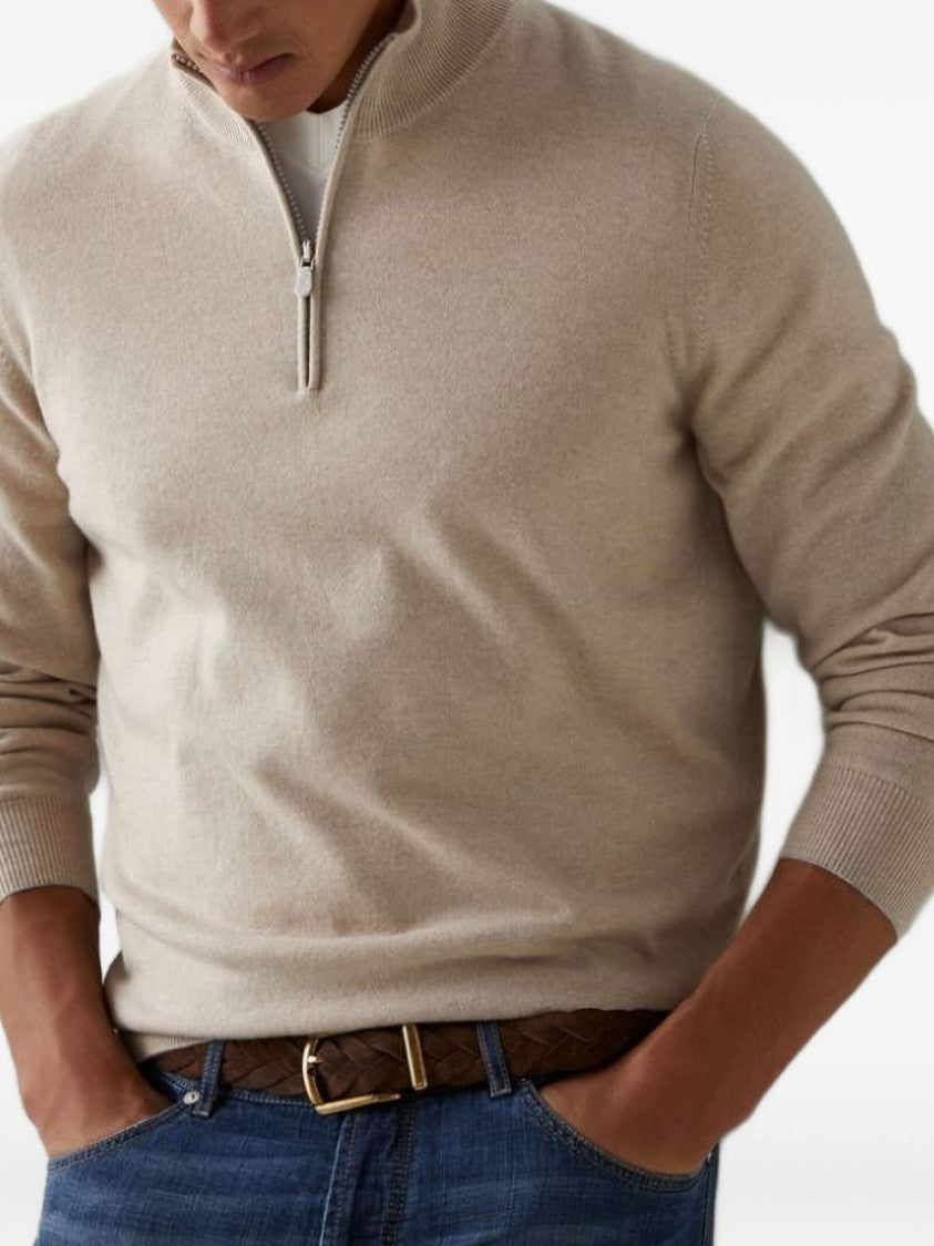 Brunello Cucinelli Half-Zip Neutrals Sweater With Fitted Silhouette