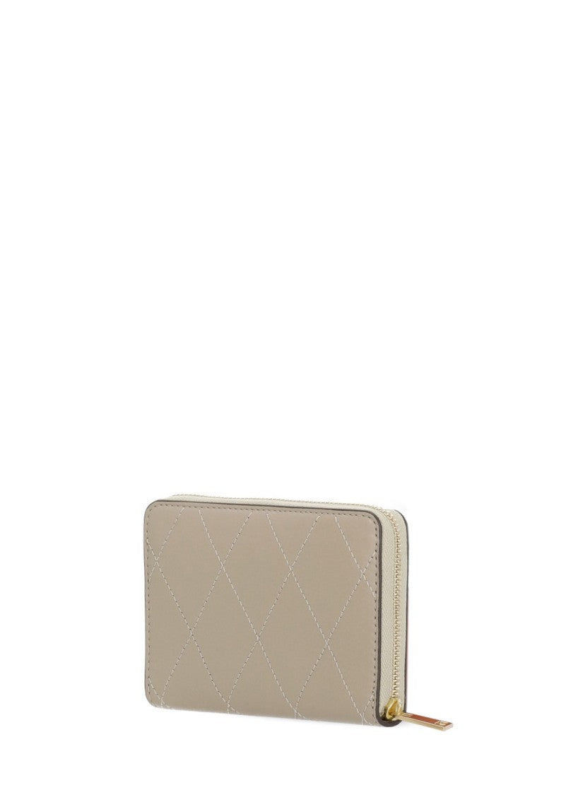Tory Burch Beige Quilted Leather Gold Logo Zip Wallet
