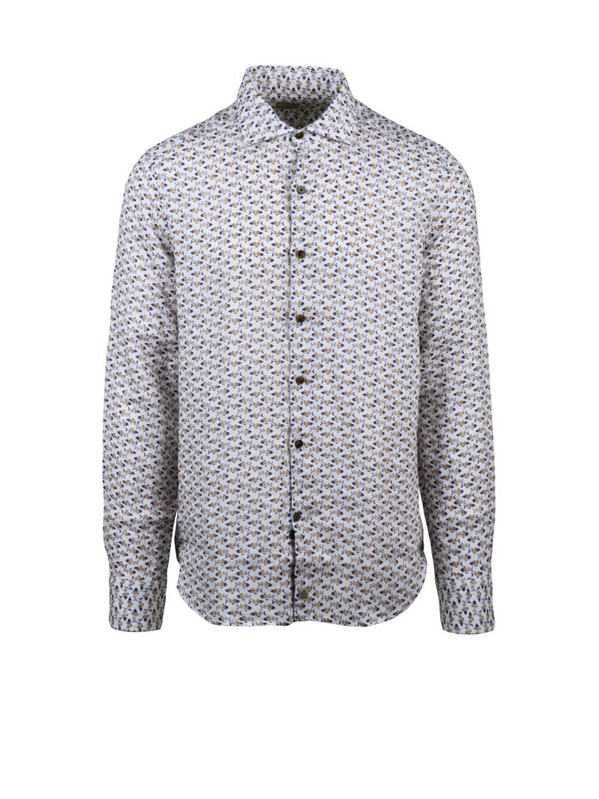 Sonrisa Patterned White Linen Shirt With Classic Collar And Relaxed Silhouette
