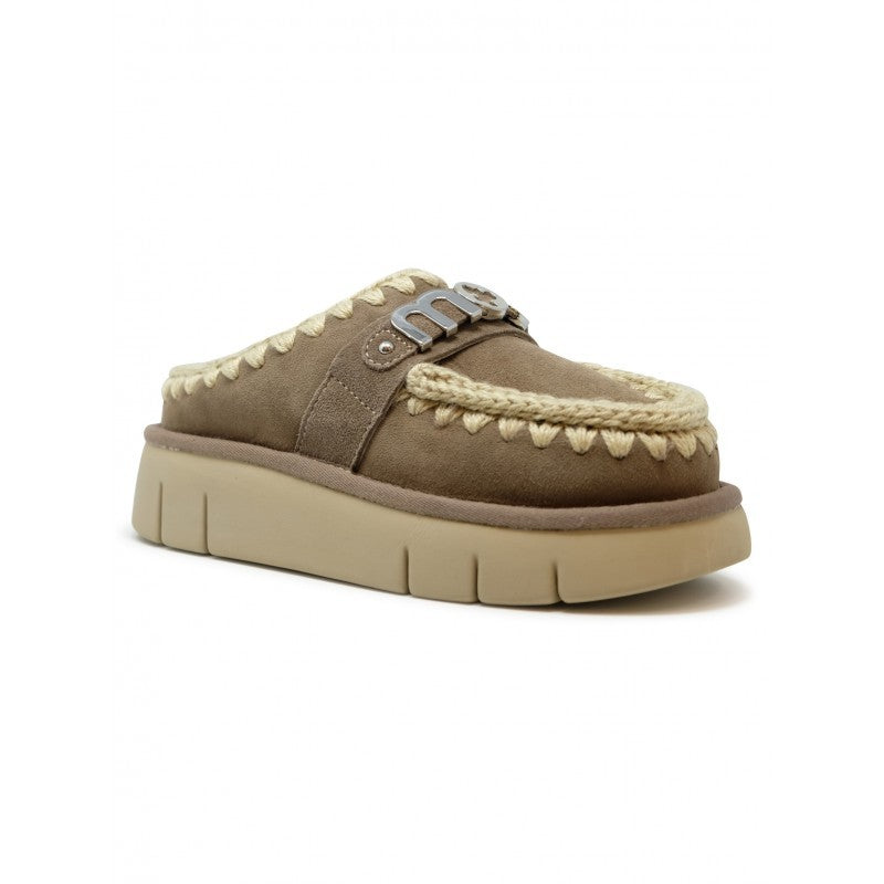 Mou Grey Bounce Metal Logo Leather Wool Rubber Clog