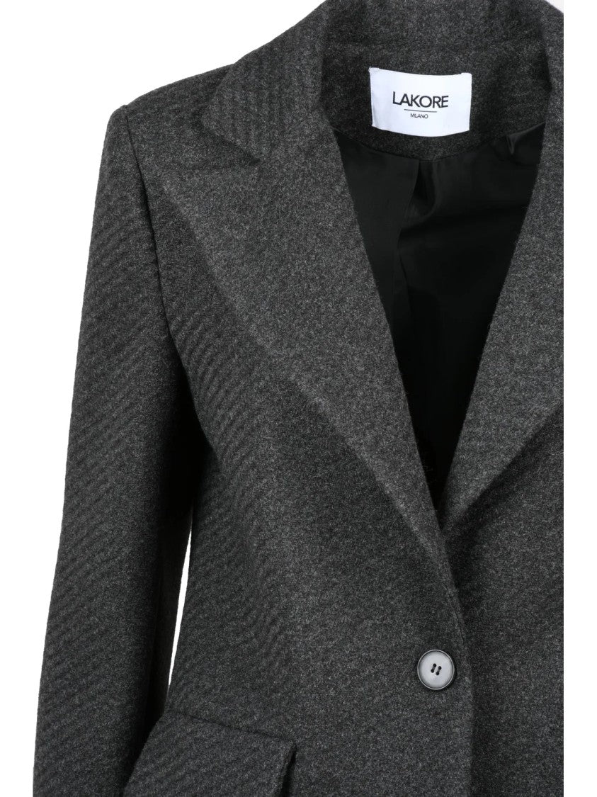 Lakore Dark Grey Fitted Herringbone Wool-Blend Coat