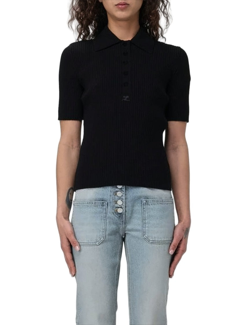 Courrèges Ribbed Knit Polo Top With Button Placket