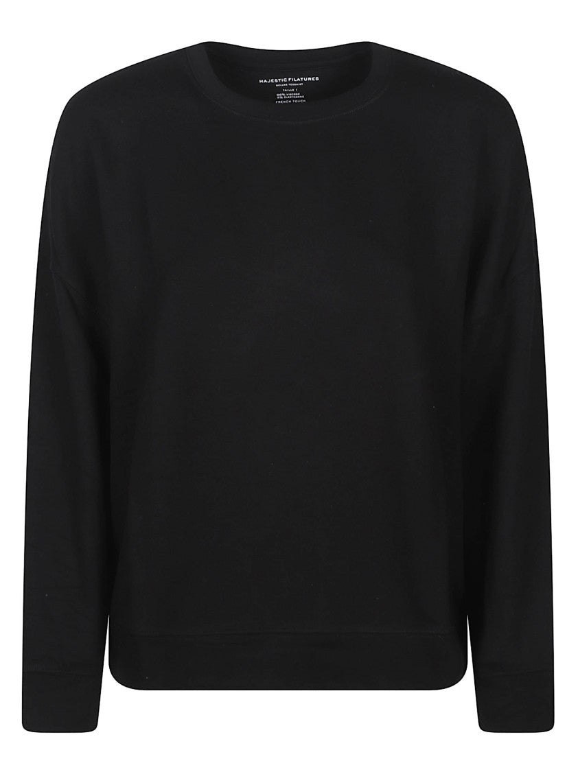 Majestic Filatures Cropped Black Sweatshirt With Round Neckline