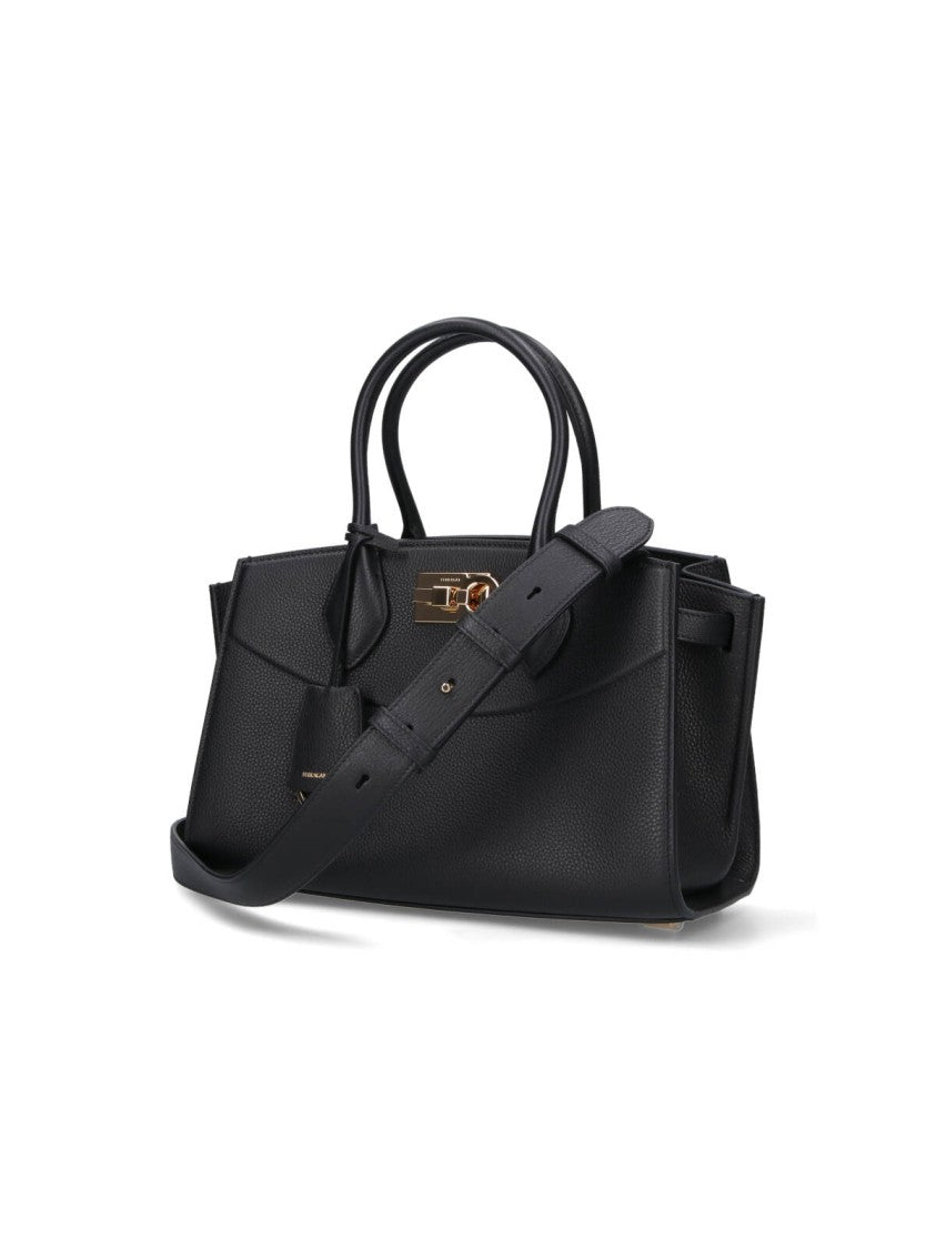 Ferragamo Structured Black Leather Handbag With Gold-Tone Closure