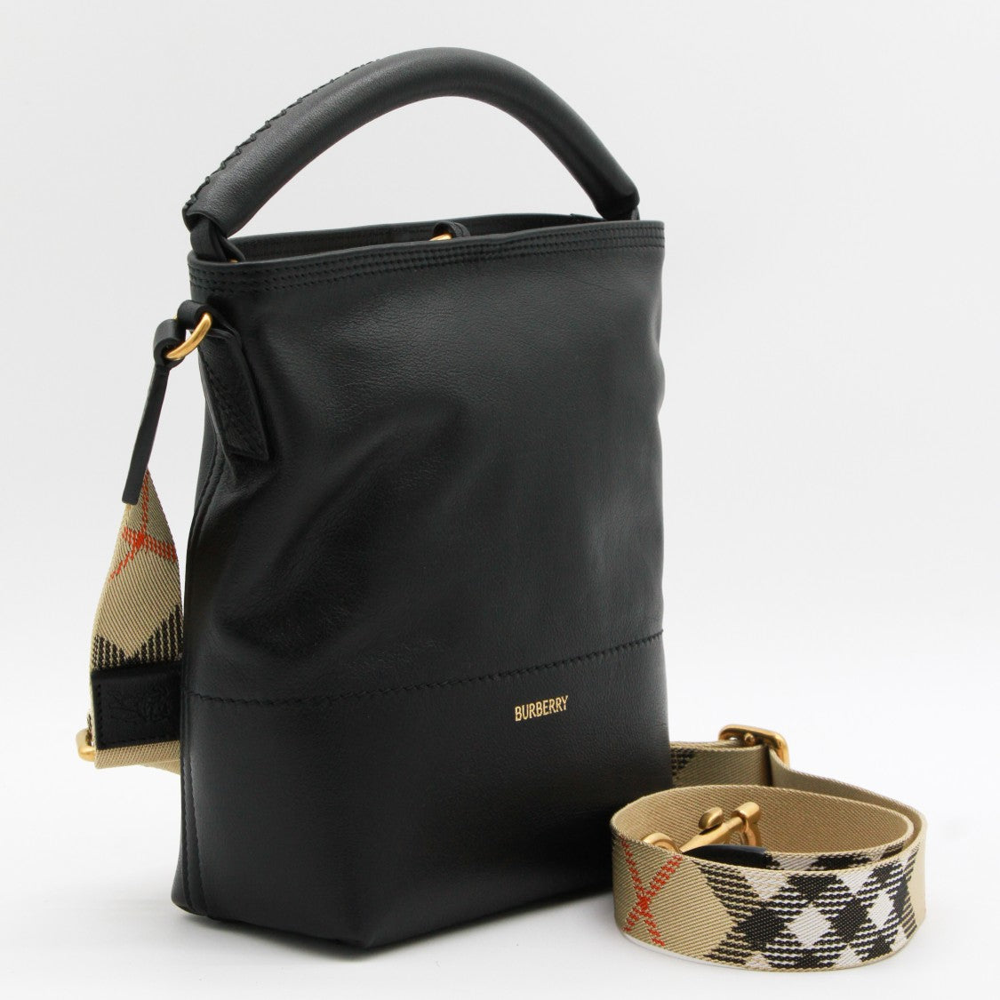 Burberry Structured Black Leather Bucket Bag With Classic Check Strap