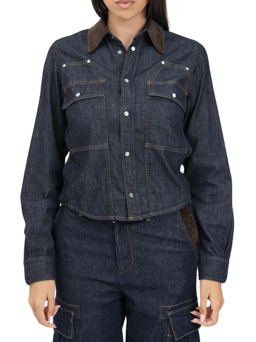 Pinko Stretch Cotton Lyocell Shirt - Blue/Brown