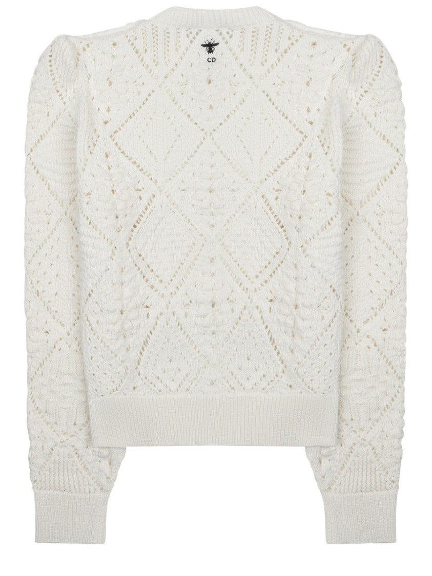 Dior Intricate Openwork Cotton Sweater With Puff Sleeves