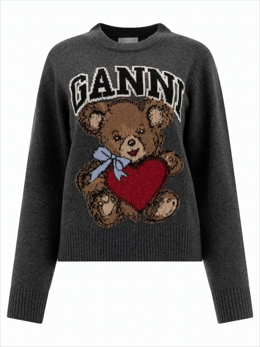 Ganni Cropped Dark Grey Knit Sweater With Teddy Bear Graphic