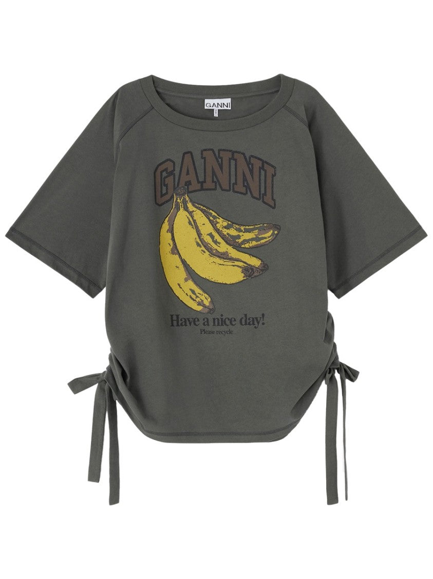Ganni Neutrals Grey Banana Side Ties T-Shirt