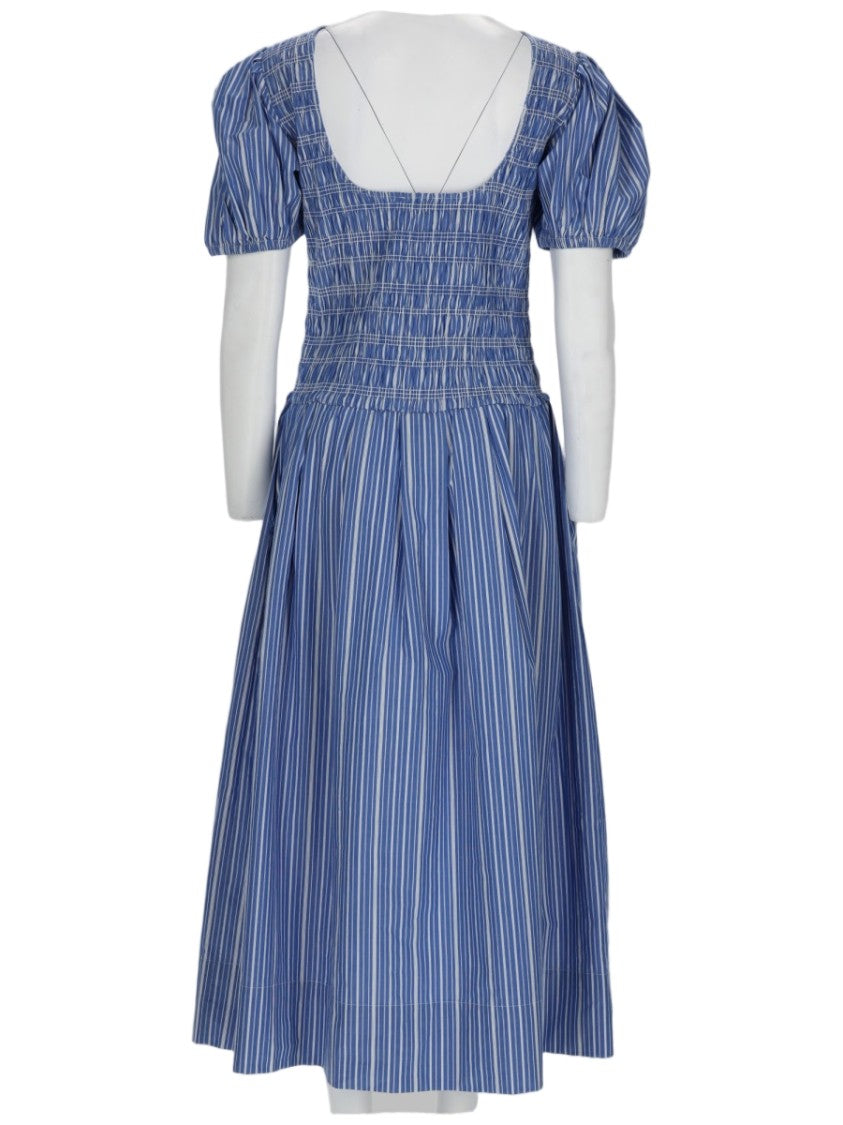Ganni Striped Midi Dress With Smocked Bodice And Puffed Sleeves