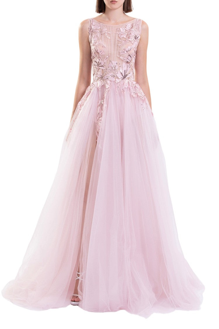 Saiid Kobeisy Dandelion-Embroidered Tulle Evening Dress