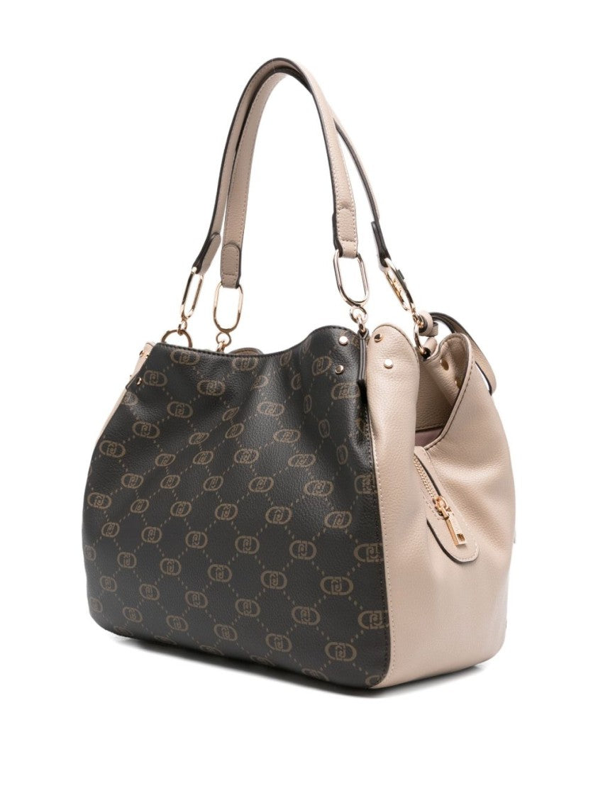 Liu Jo Textured Brown Shoulder Bag With Monogram Pattern