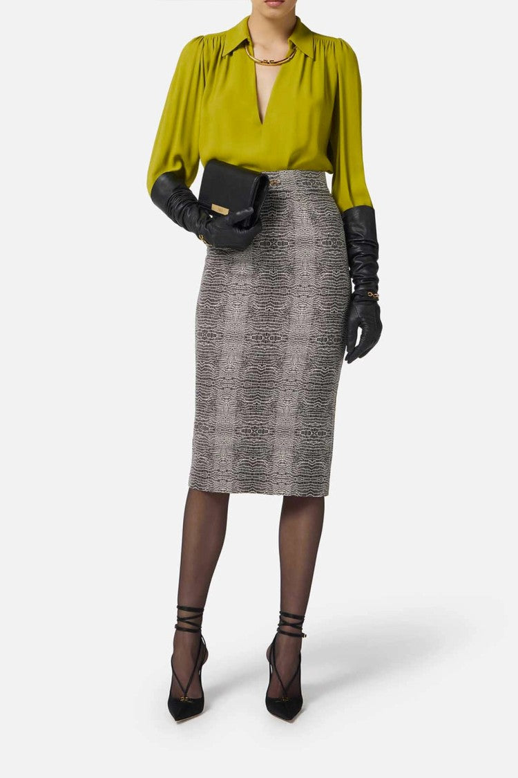 Elisabetta Franchi Grey Reptile-Print Gold Buckle Viscose-Blend Pencil Skirt