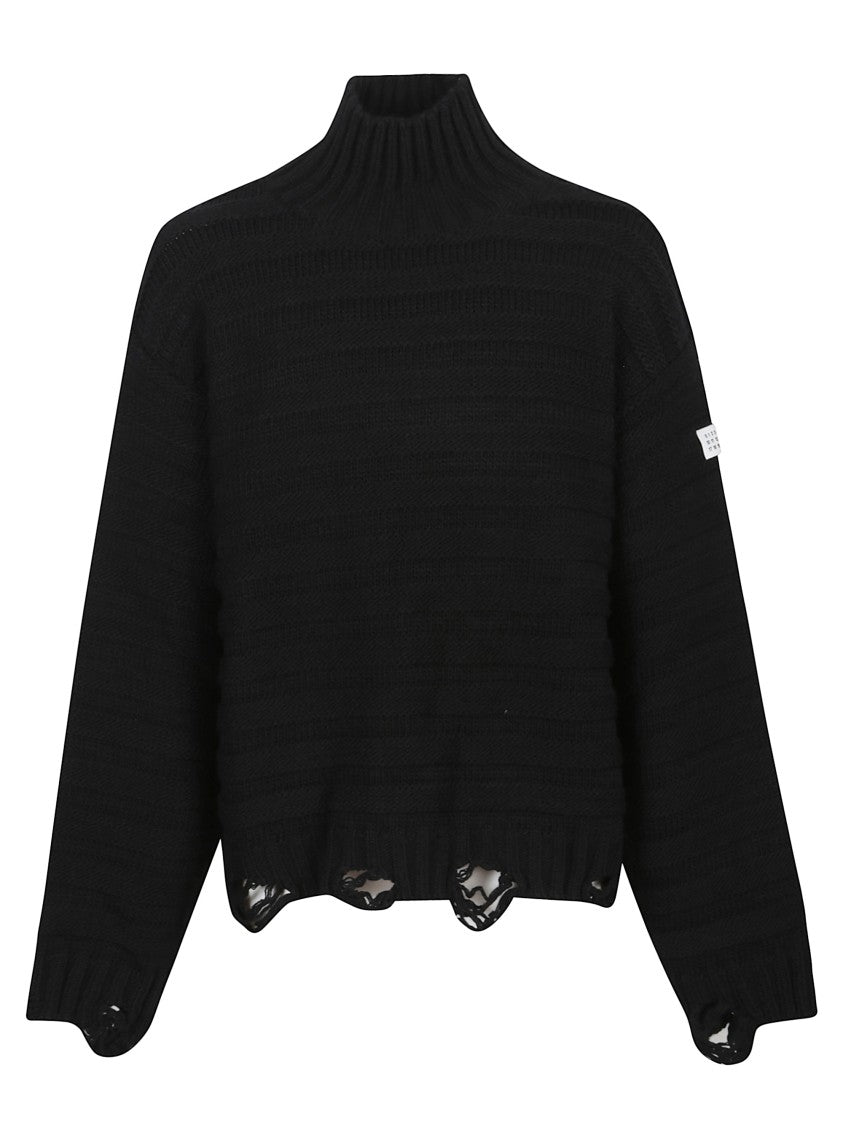 Mm6 By Maison Margiela Textured Knit Black Turtleneck Sweater With Logo Detail
