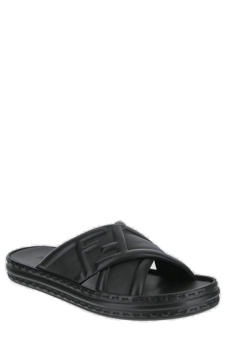 Fendi Crisscross Black Calf Leather Sandals With Textured Edge