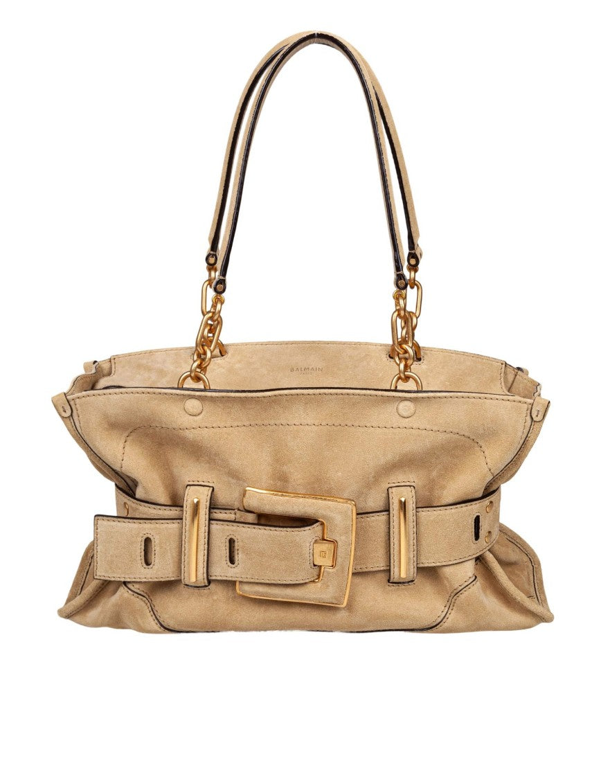 Balmain Anthem Beige Suede Shoulder Bag
