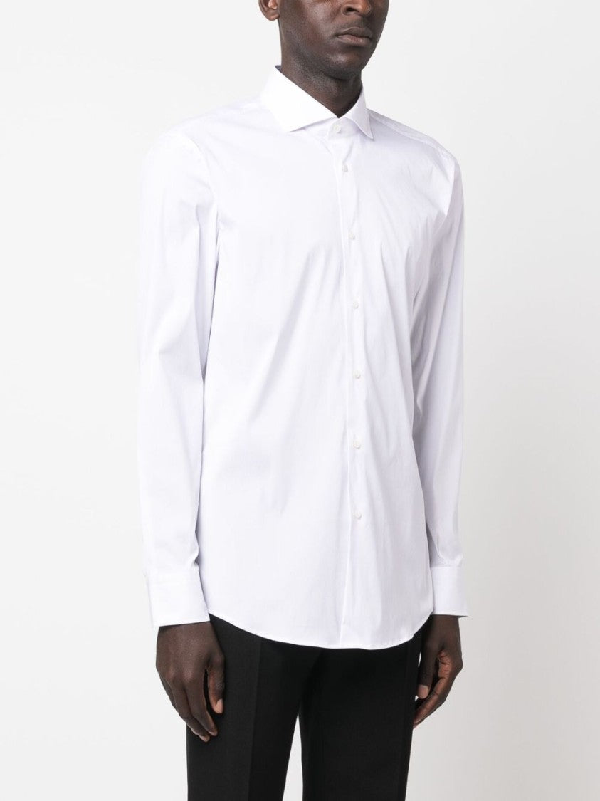 Boss Milk White Cotton Blend Shirt With Spread Collar