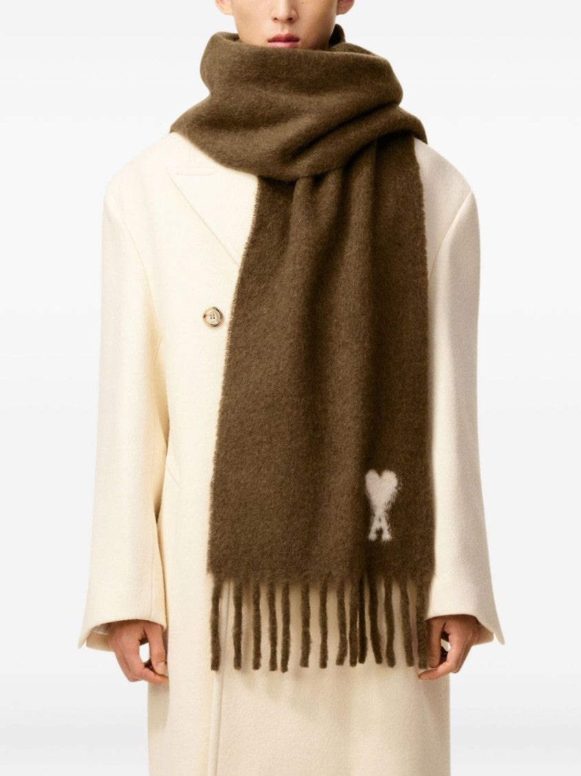 Ami Paris Brown Alpaca Blend Fringed Monogram Scarf