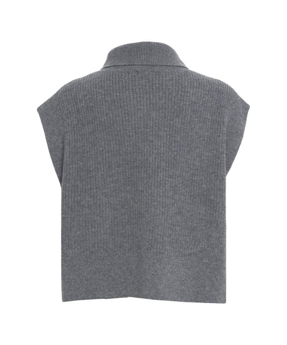 Liu Jo Sleeveless Knitted Vest With High Buttoned Collar And Rhinestone Accent