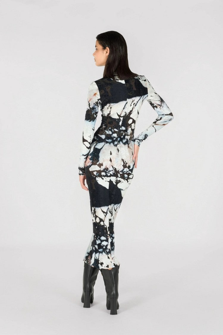 Roberto Cavalli White Viscose-Blend Marble-Print Mock-Neck Maxi Dress