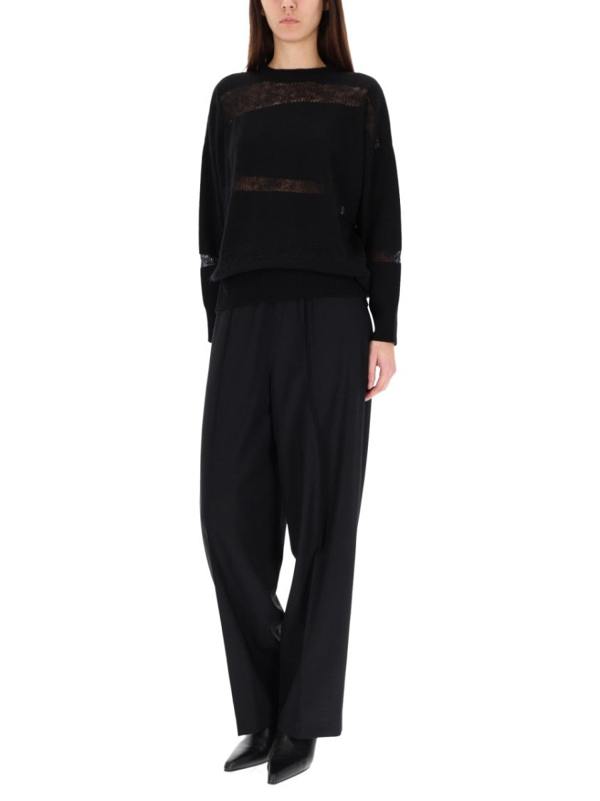 Fabiana Filippi Relaxed Fit Black Sweater With Sheer Horizontal Knit Stripes
