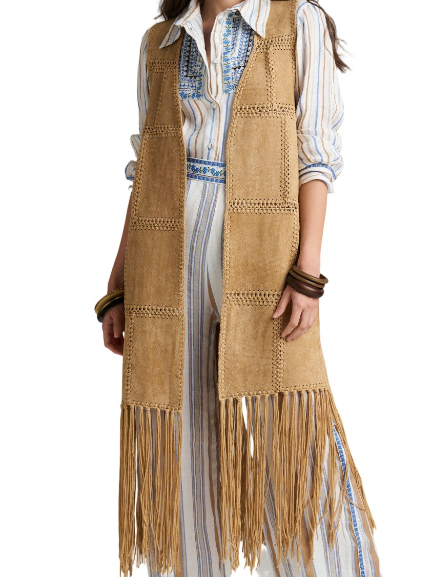 Pho Firenze Tan Eco Suede Fringe Long Vest