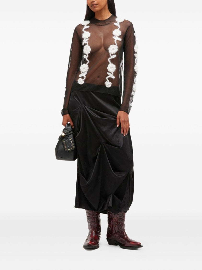 Ganni Sheer Black Long-Sleeve Top With Floral Appliqués