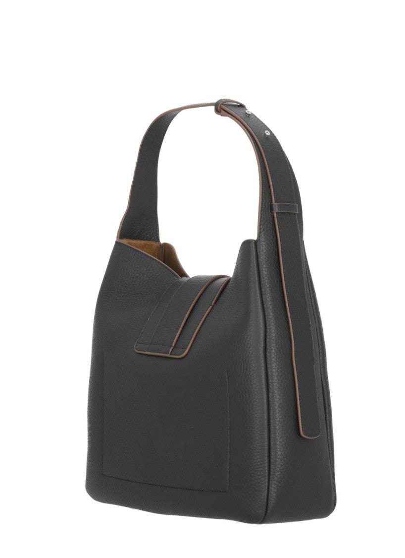 Hogan Black Textured Embossed Logo Leather Shoulder Bag