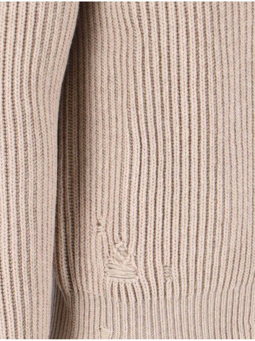 Mm6 By Maison Margiela Ribbed High-Neck Knit Sweater With Distressed Details