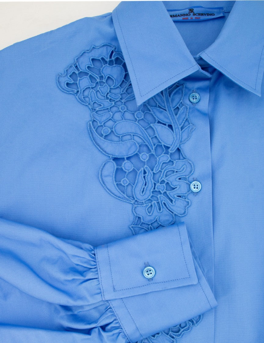 Ermanno Scervino Azur Blue Cotton Shirt With Lace Detailing