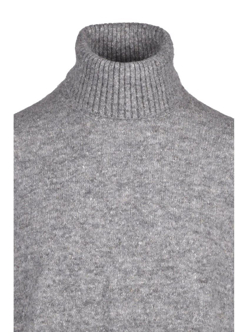 Brunello Cucinelli High Neck Sweater In Heathered Grey With Ribbed Details