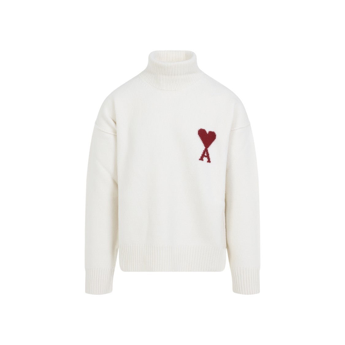 Ami Adc Funnel Neck Off White And Red Wool Sweater