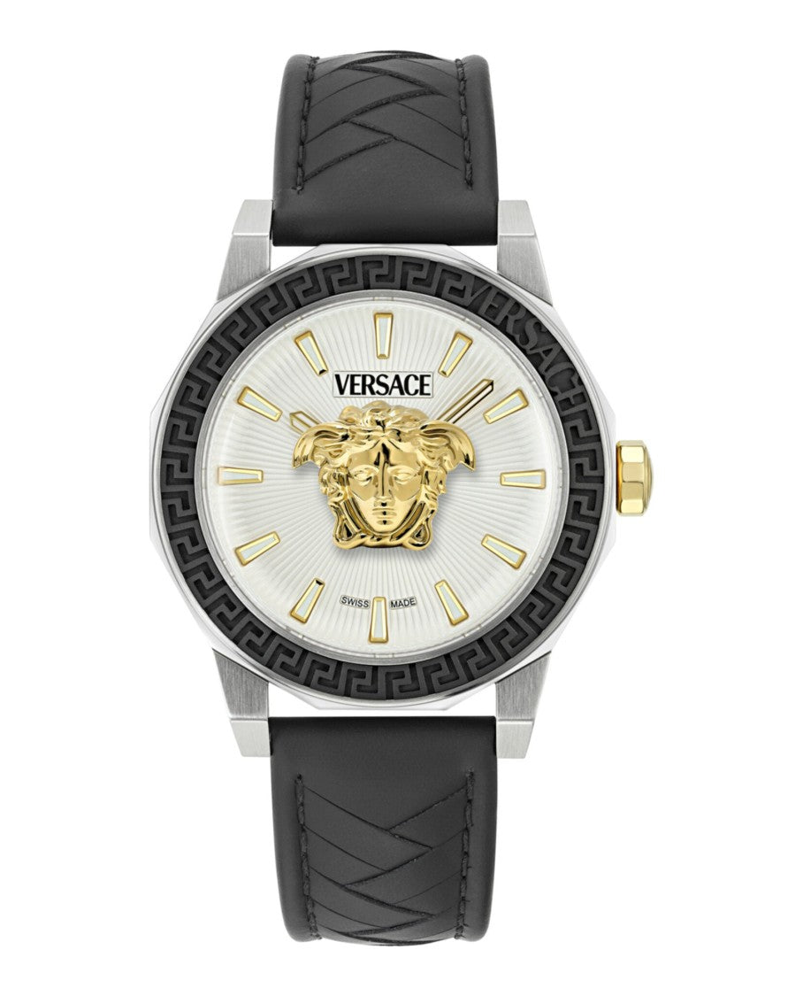 Versace Medusa Deco Leather Watch With Silver Guilloche Dial