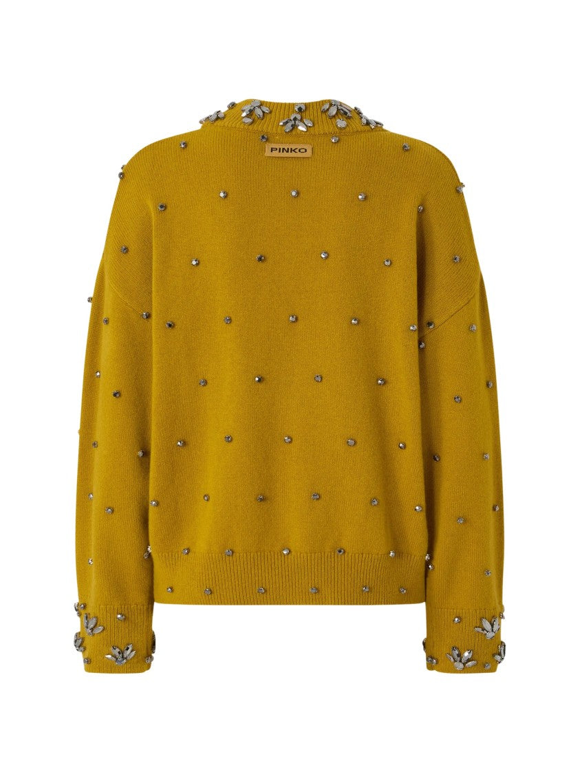 Pinko Mustard Brown Crystal V-Neck Wool-Cashmere Sweater