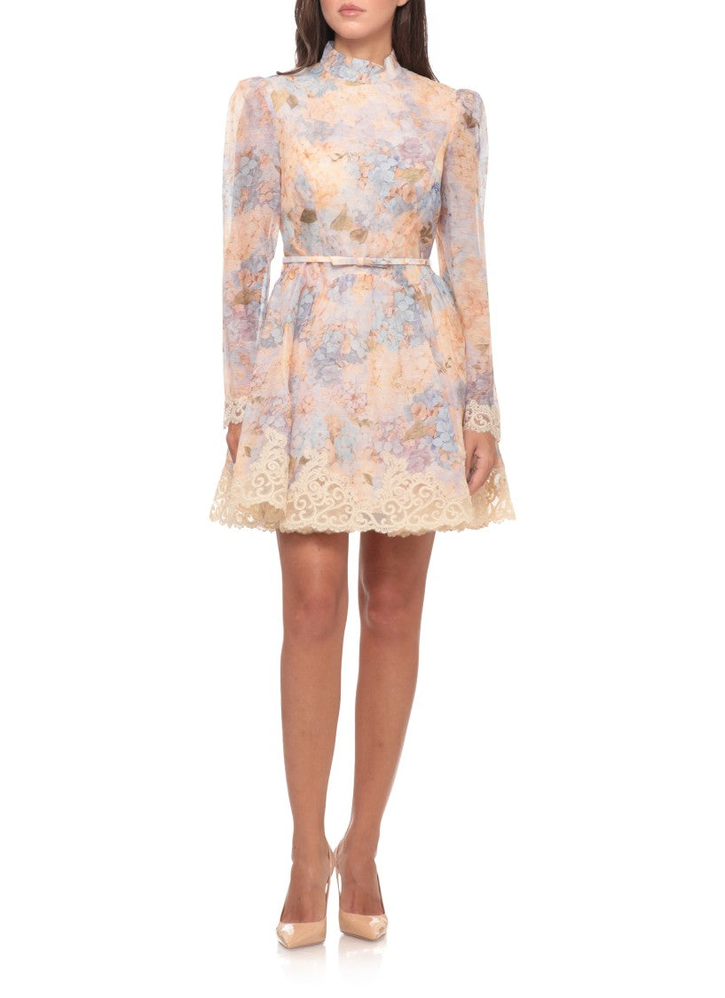 Zimmermann Peach Pink Mini Dress With Ivory Lace And Bow Belt