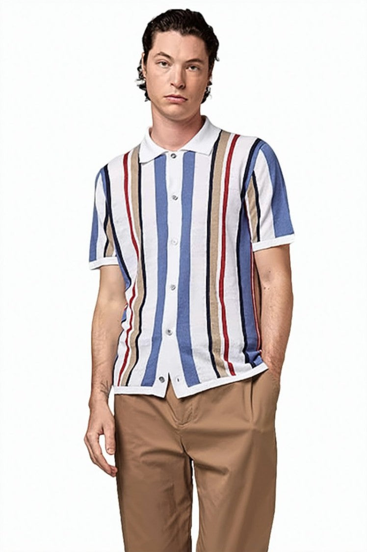 Alpha Studio Short-Sleeve Vertical Striped Knit Shirt