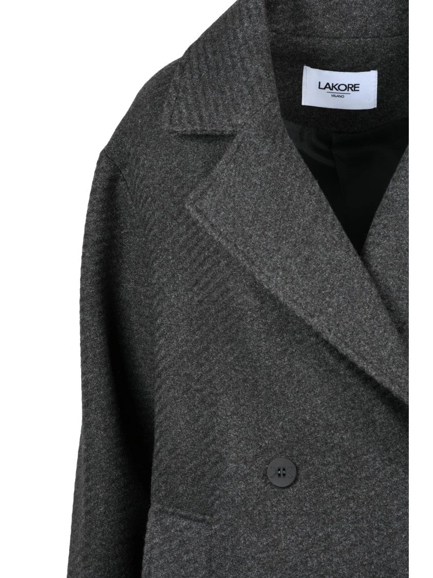 Lakore Dark Grey Double-Breasted Wool-Blend Long Coat